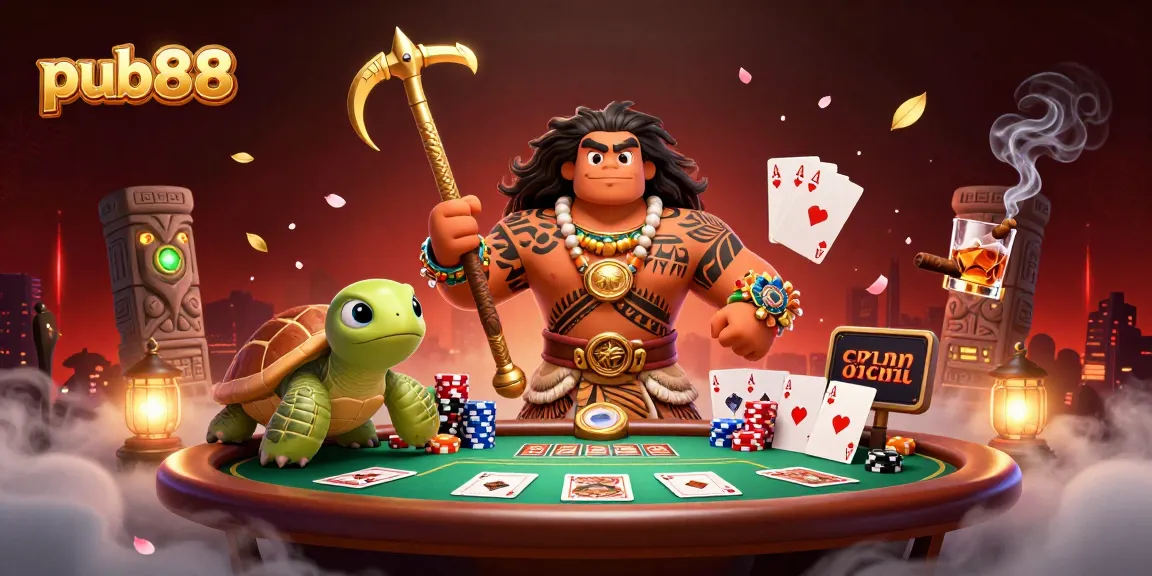 Engage in the vibrant world of pub88, featuring tribal characters at a dynamic poker game.