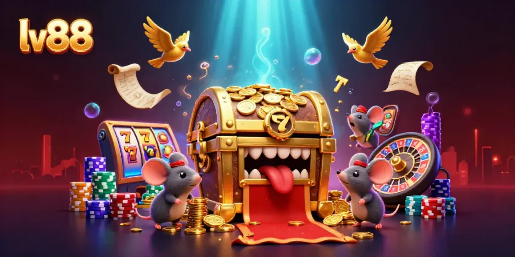 Engage in exciting gaming with lv88's dynamic casino scene featuring vibrant slot reels and varying game elements.