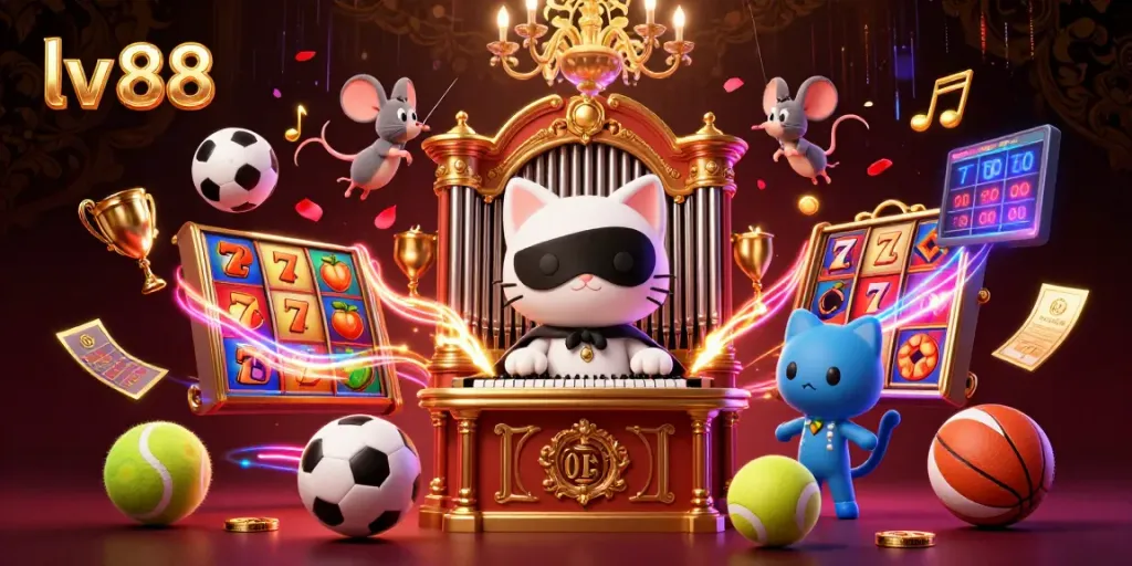 Experience adventure with lv 88 as the phantom white cat plays at a luxurious casino organ surrounded by game elements.
