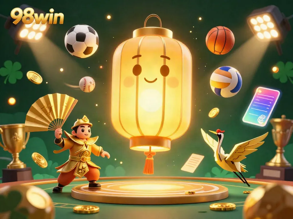 Experience the thrilling action of 98win with a vibrant 3D illustration showcasing casino games, sports elements, and lucky symbols.