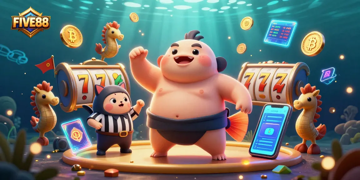 Experience casino thrills with FIVE88 featuring a blowfish and slot elements in a vibrant underwater scene.