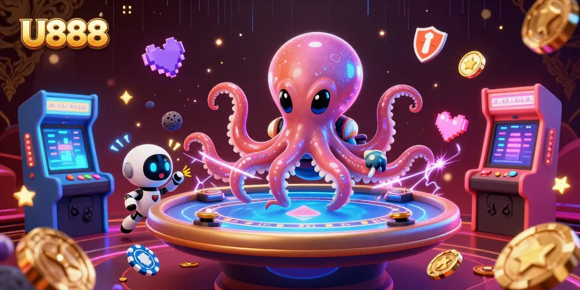 U888's thrilling poker scene featuring an alien octopus and robot with vibrant casino elements
