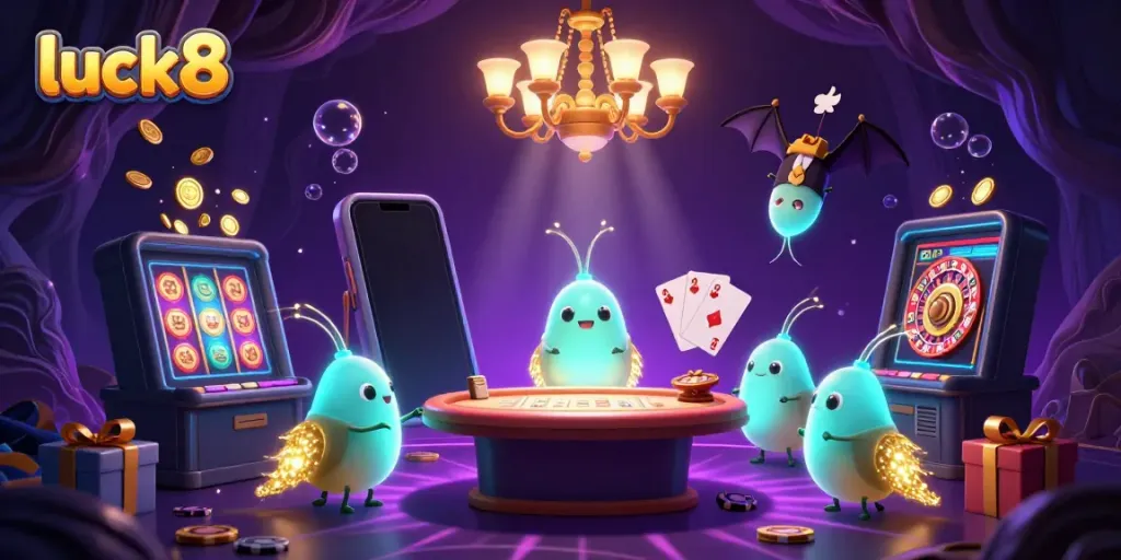 Engage with luck8's vibrant casino world, featuring glowworms lighting up exciting games and colorful slot action.