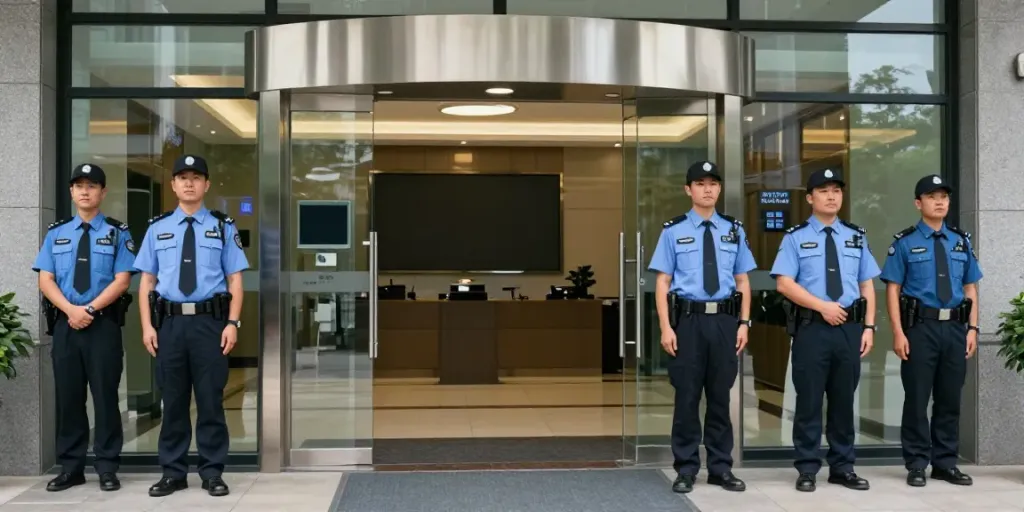 "Private Security professionals providing trusted local services at a corporate building."