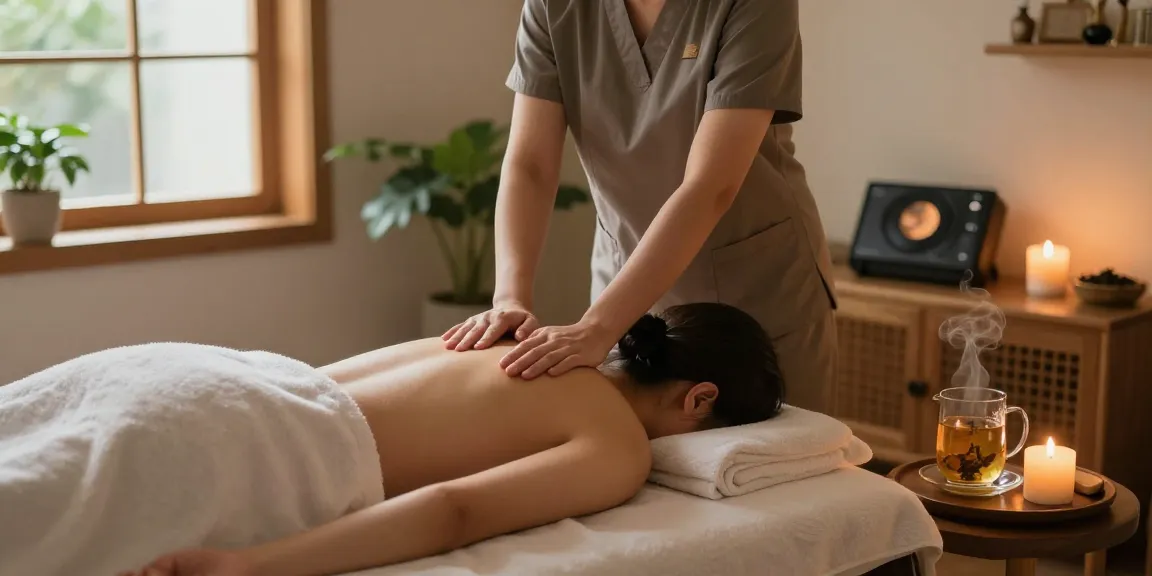 중랑구출장마사지 session showcasing a relaxing home therapy atmosphere with candles and soothing elements.