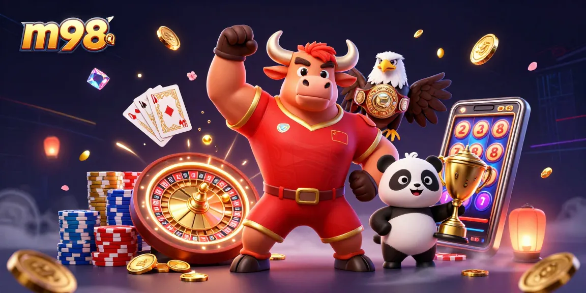 Engage in thrilling gaming at m98 q with a victorious bull mascot, eagle, and panda amidst casino elements.