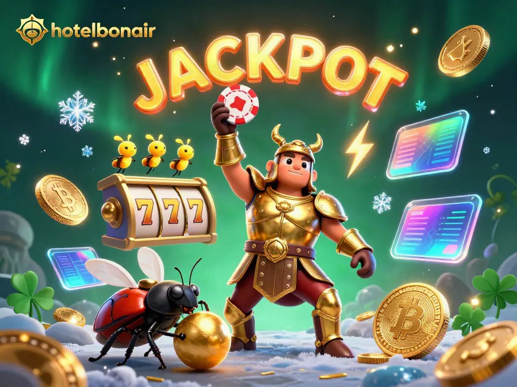 Spin to win at hotelbonair with vibrant 3D beetles, jackpot symbols, and crypto coins!