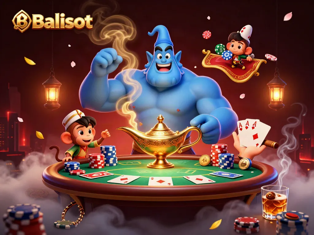 Balislot celebrates winning with a genie, monkey, and poker chips in an enchanting casino scene.