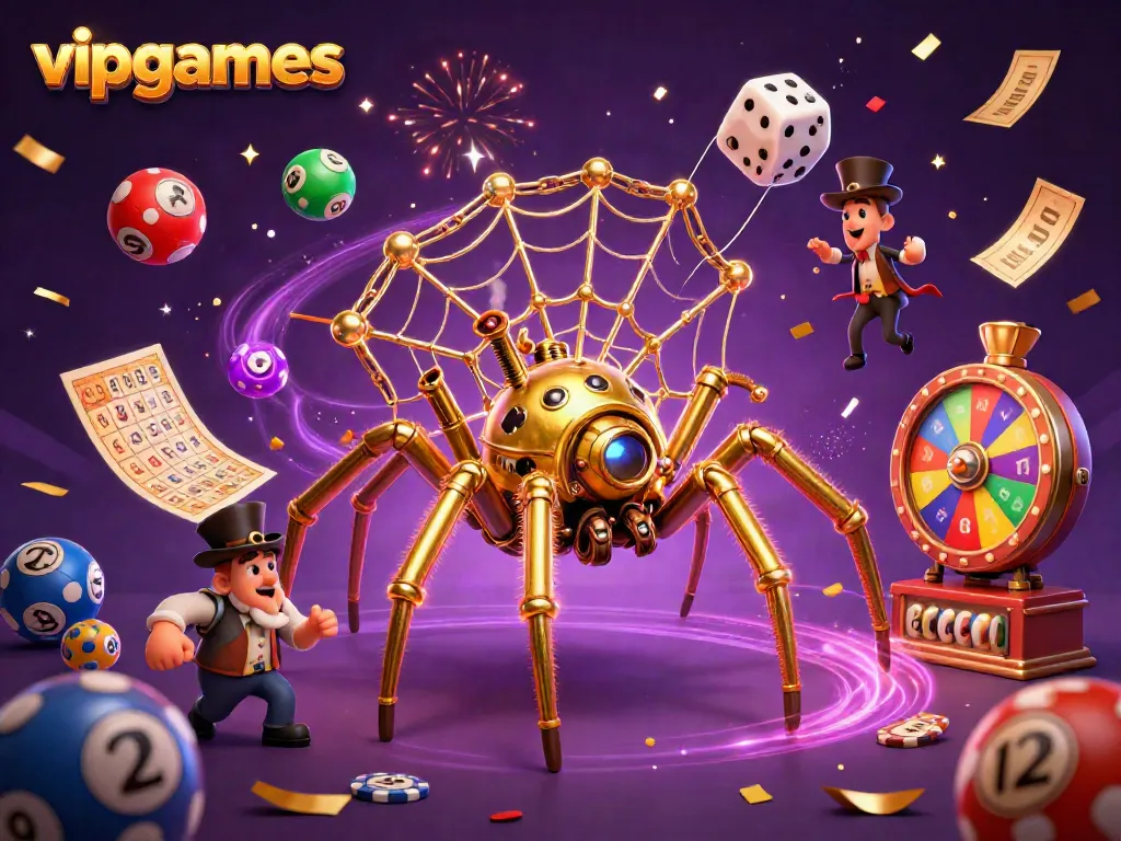 Engage with vipgames in a vibrant, dynamic online gaming scene featuring colorful lottery elements and a steampunk spider design.