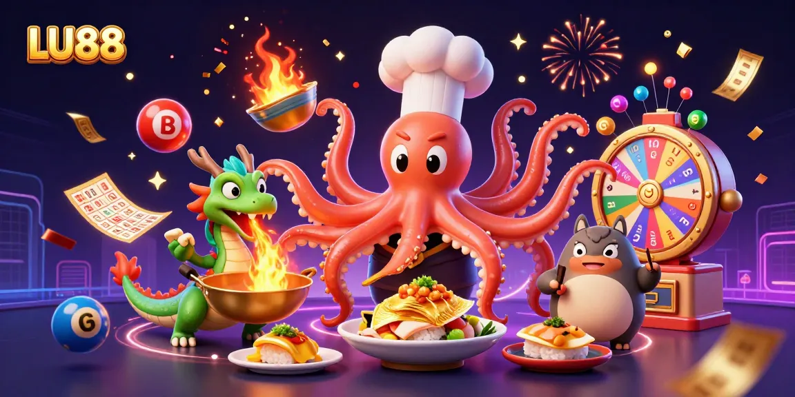 Experience the excitement of LU88 with a playful octopus chef and friends in a vibrant casino-themed scene.