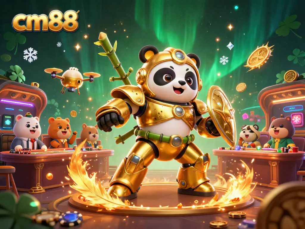Engage with cm88's vibrant casino illustration featuring a golden panda in a mech-suit battling in a lively casino arena.