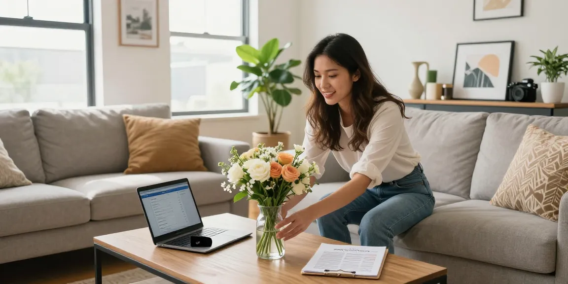 Airbnb host preparing the living room, showcasing how much does an airbnb host make through thoughtful touches and a welcoming atmosphere.