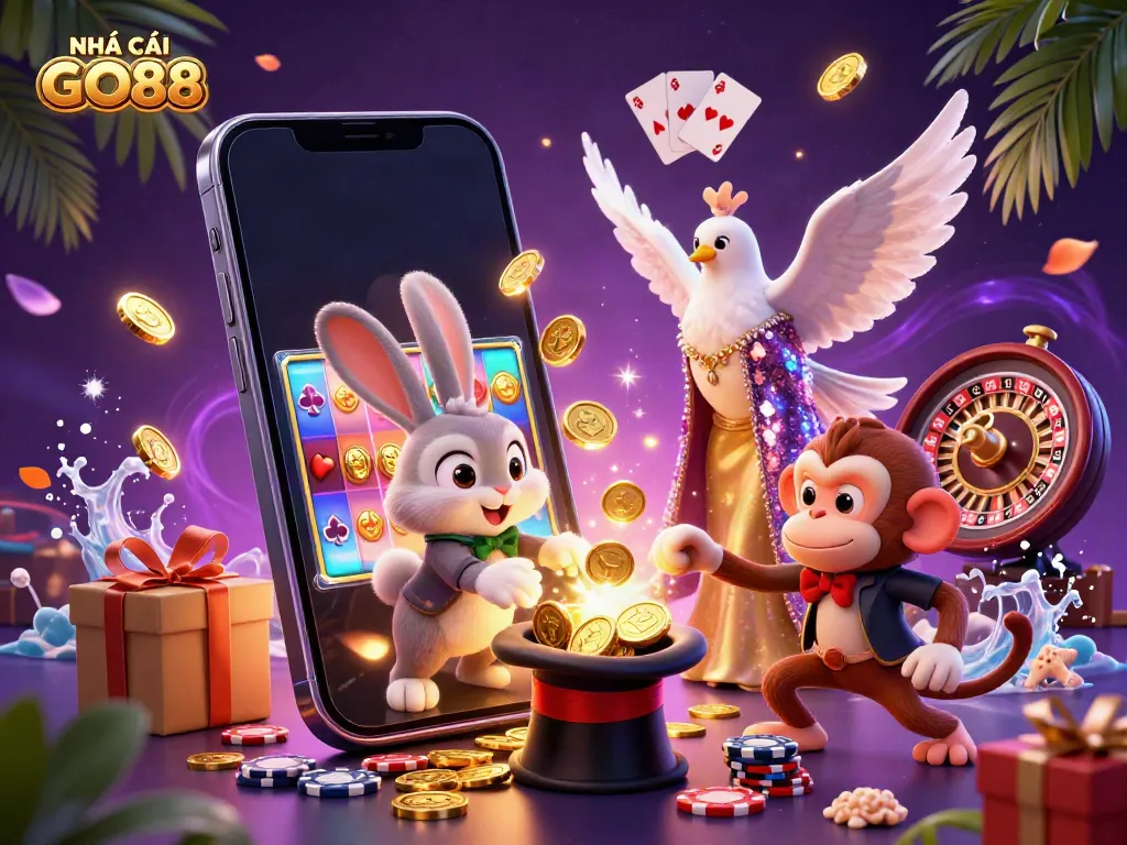 Engage with NHÀ CÁI GO88 as the magician creates golden coins in a vibrant casino setting, featuring characters and games.