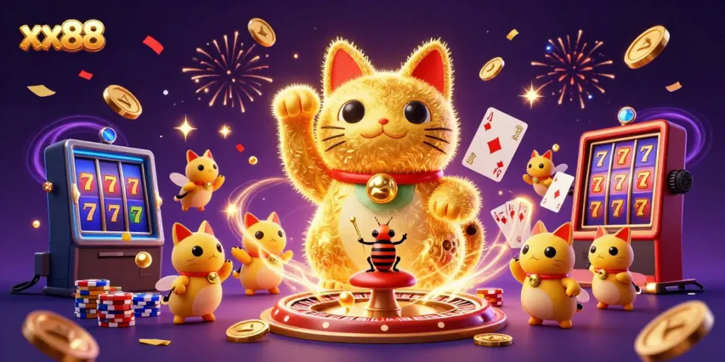 Experience the magic of xx88 with a vibrant, 3D illustration of a lucky cat and casino symbols.