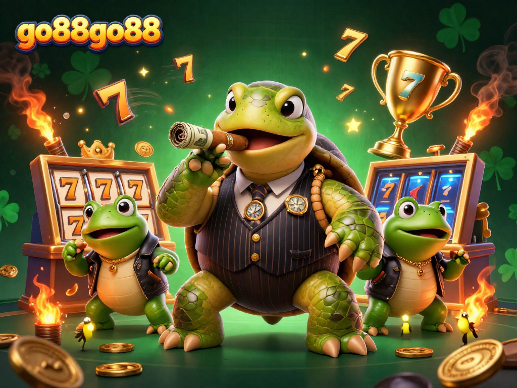 Experience thrilling gameplay at go88go88 with the massive turtle mobster and froggy enforcers illuminating the casino.