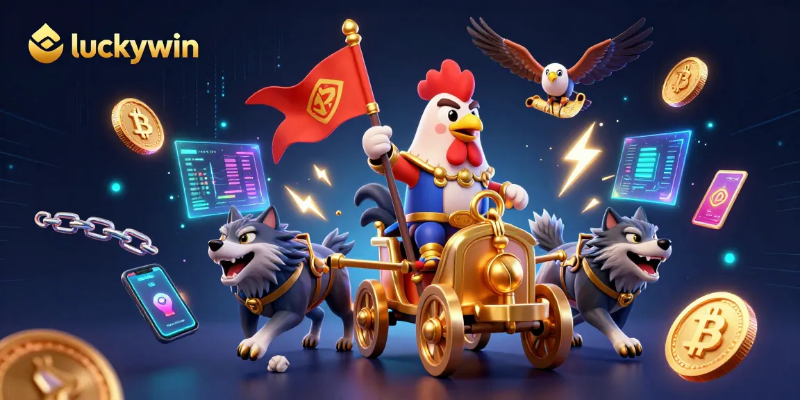 Experience the excitement of luckywin with a 3D cartoon rooster warlord and fierce wolves in a vibrant casino scene.
