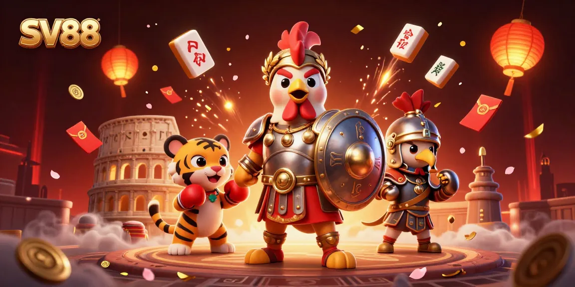 Bet on SV88 with a dynamic scene featuring a gladiator rooster and festive casino elements.