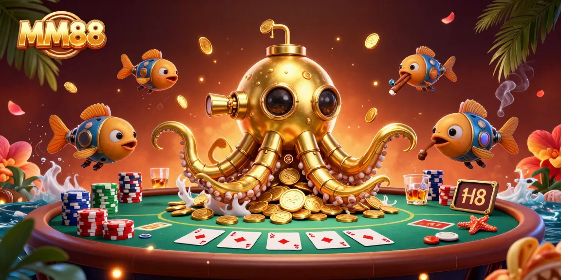 Experience thrilling gameplay with MM88 featuring a golden kraken submarine amidst a treasure of casino delights.