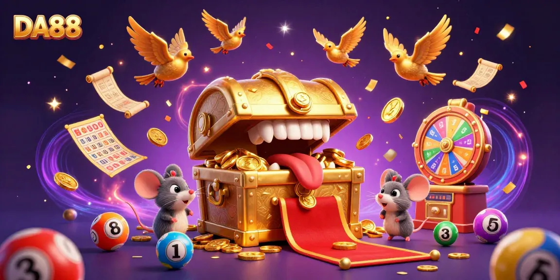 Engage with DA88 in dynamic casino excitement featuring vibrant lottery elements and magical treasures.