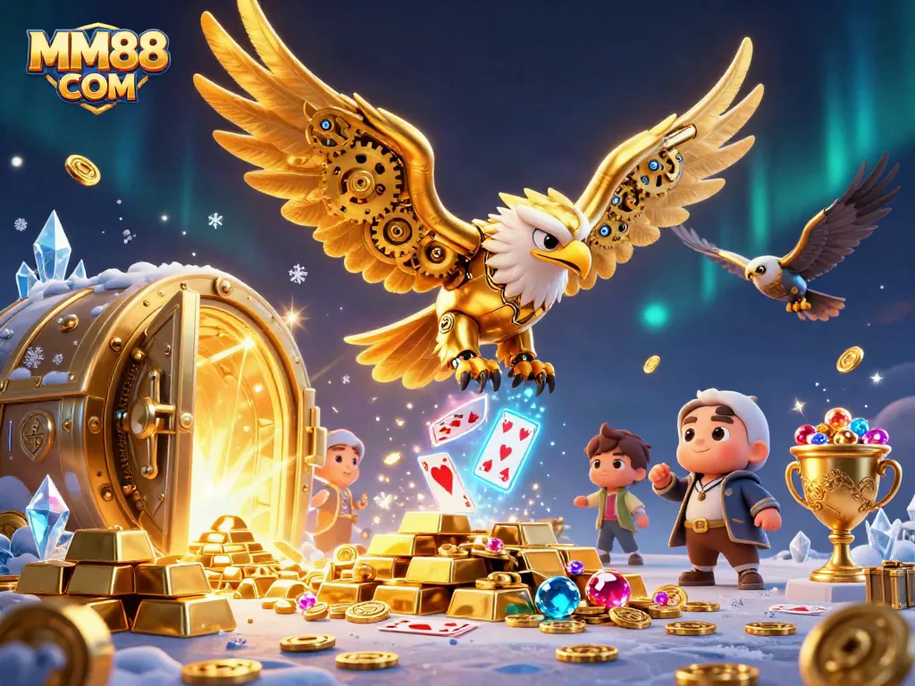 Immerse in the vibrant world of MM88 COM with a cybernetic eagle soaring through holographic cards.