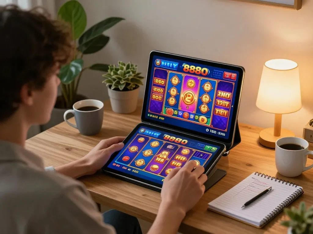 Person enjoying a cozy session of 888slot on tablet at home, emphasizing responsible gaming.