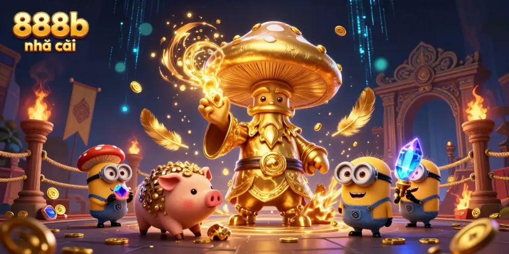 Engage in the magic of 888b nhà cái with treasures, golden coins, and dynamic 3D wizard characters.