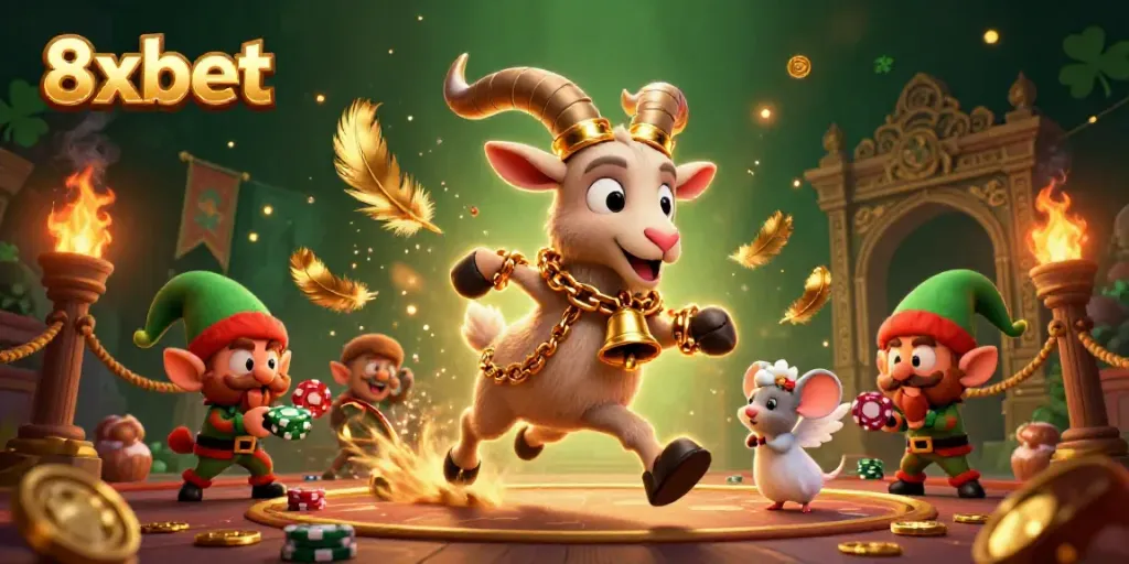Experience the excitement of 8xbet with a festive casino scene featuring Krampus, a mouse, and mischievous elves.