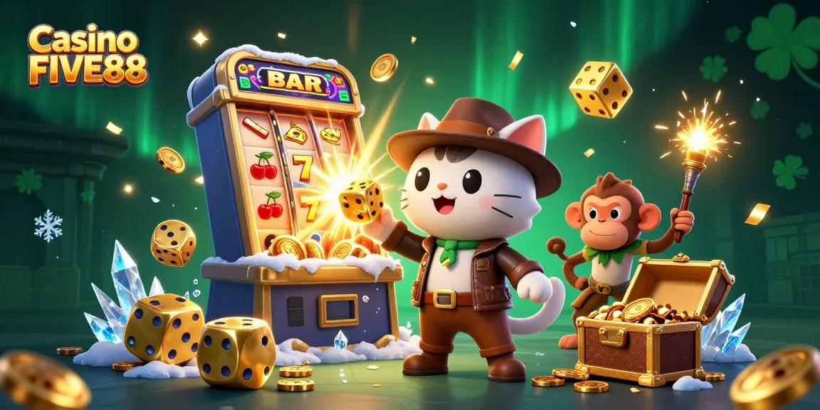 Engage with Casino FIVE88 through a thrilling 3D illustration featuring an explorer cat and treasure.